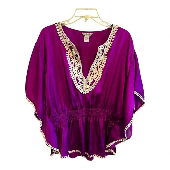 Fun and Flirt Women's Purple Boho Tunic Top with Crochet Trim Size Large - Picture 1 of 9